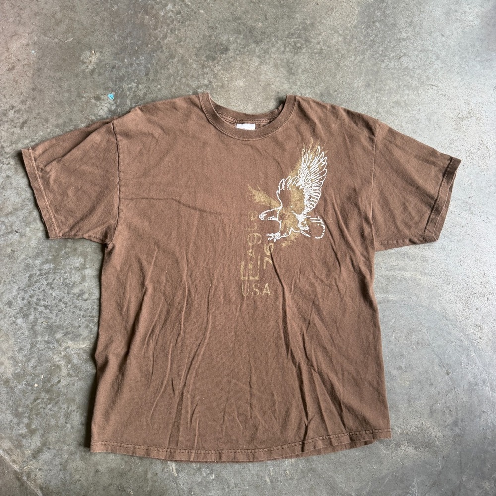 Y2K American Eagle Brown Stencil Graphic Shirt Granola Earth Tone Mens XL 21x27